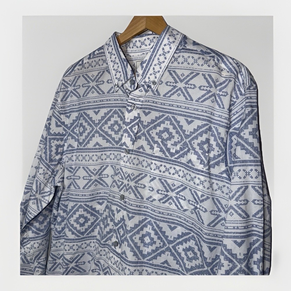 ROWM‎ Men's Shirt Large NWT Blue White Long Sleeve Button Down Southwest Print